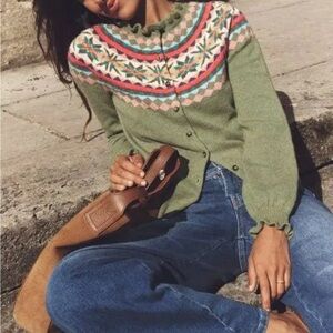 Boden Fae Fair Isle Frilled Cardigan - Green & Pink